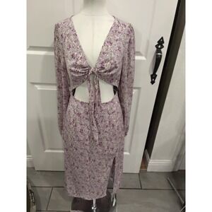 NWt PrettyLittleThing Floral Cut Out Tie Front Midi Dress Purple Long Sleeve-M
